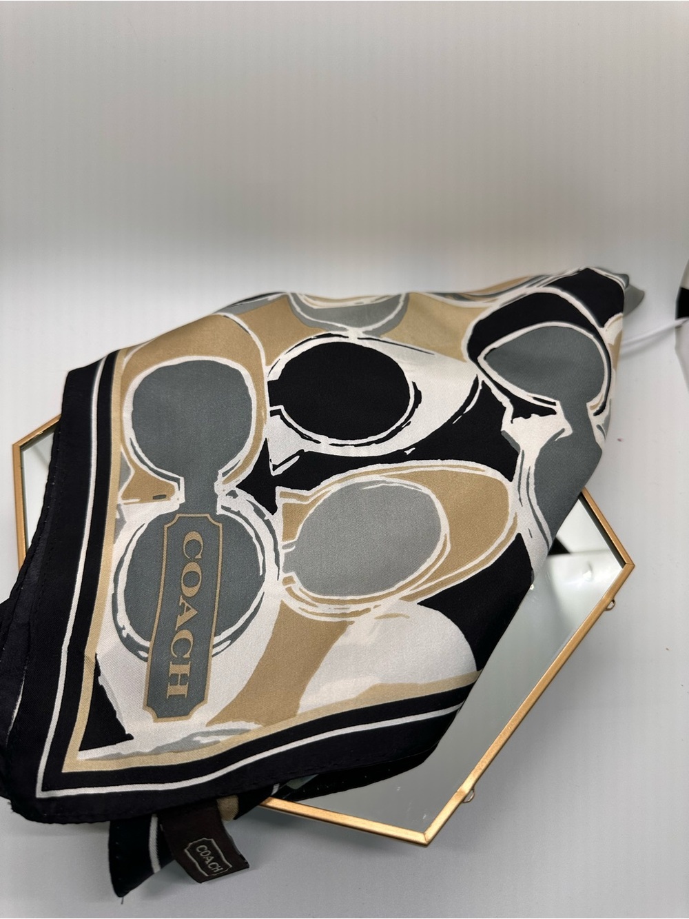 COACH Signature C Print Silk Scarf in Black & Gray